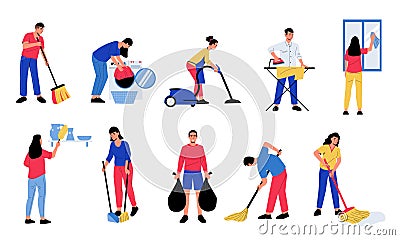 People cleaning up. Cartoon abstract characters doing housework ironing washing window, vacuuming, making bed. Vector Vector Illustration