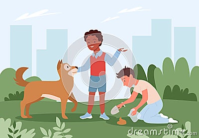 People cleanup poo after dog, pet standing on city park green grass with pet owners Vector Illustration