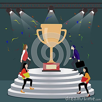 People climb on stairs to golden cup, business competitive concept Vector Illustration