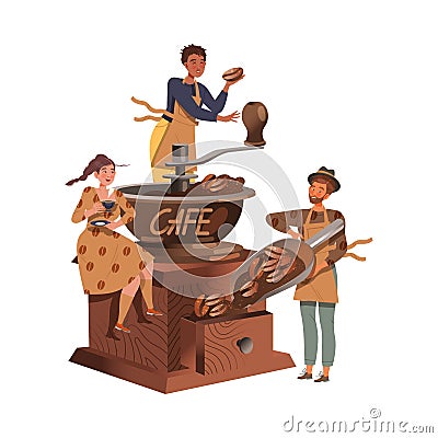 People Coffee Lover Grinding Beans and Drinking Hot Aromatic Beverage Vector Illustration Vector Illustration