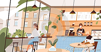 People at coffee shop. Barista at counter and happy visitors at tables in cafe. Inside modern coffeehouse. City Vector Illustration