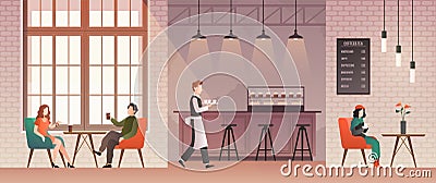 People in coffee shop. Friends meet and drink coffee and relax in coffeehouse. Guys talk with happy barista. Flat vector Vector Illustration