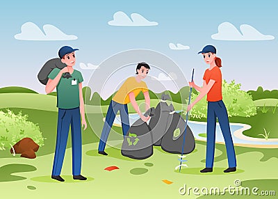 People collect plastic or paper trash garbage for recycling, work and clean city park Vector Illustration