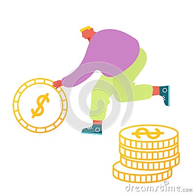 People Collect, Spend and Saving Money Concept. Tiny Male Character Rolling Huge Dollar Coin to Put in Wallet Vector Illustration