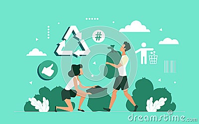 People collect trash garbage into bag, clean and save planet Vector Illustration