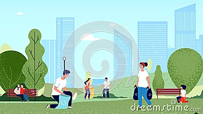 People collecting garbage in city park. Volunteers cleaning environment nature. Ecology and clean planet vector Vector Illustration