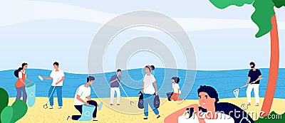 People collecting garbage on ocean beach. Volunteers cleaning environment nature. Ecology and clean planet vector Vector Illustration