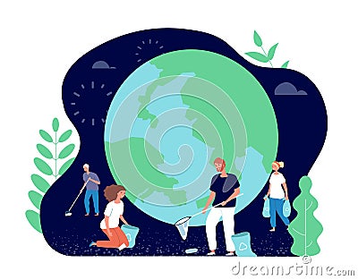 People collecting garbage. Volunteers cleaning environment nature. Ecology and clean planet vector concept. Happy young Vector Illustration