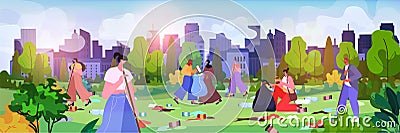 people collecting trash into bags for cleaning urban park clean up garbage ecological challenge save planet world Vector Illustration