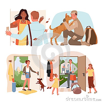 People come home set, return from trip or army, walk or work, mother and kid meet father Vector Illustration