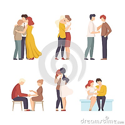 People comforting each other by hugging set. Friends or relatives caring about each other. Friendship, understanding Vector Illustration
