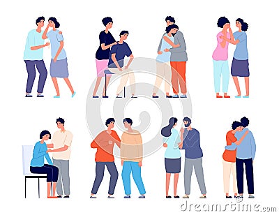 People comforting. Man support, comforted shoulder hugs or emotional characters. Persons together, empathy girl and Cartoon Illustration