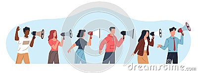 People communicate important and valuable information to each other. Men and women hold loudspeaker. Character shout in Vector Illustration