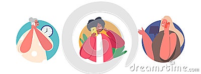 People Communicate by Mobile Phone Isolated Round Icons or Avatars. Senior, Adult and Young Women Speaking by Smartphone Vector Illustration