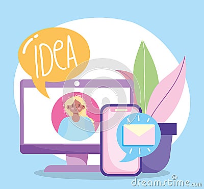 People communication and technology, computer girl idea smartphone email Vector Illustration