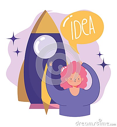 People communication and technology, girl and rocket startup creativity idea Vector Illustration