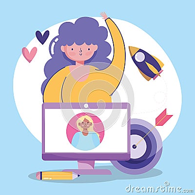 People communication and technology, girls computer target creativity Vector Illustration