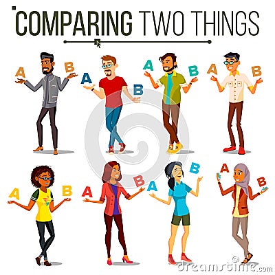 People Comparing A With B Vector. Balance Of Mind And Emotions. Mix Race. Client Choice. Compare Objects, Ways, Ideas Vector Illustration