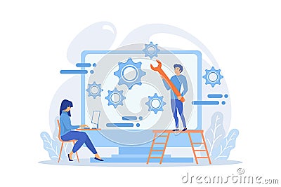 People configure the application on the big LCD screen with gears. Back end development it concept. Vector Illustration