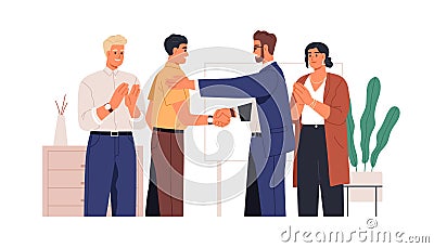 People congratulating colleague with success at work. Boss handshaking happy employee with respect, business team Vector Illustration