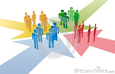 People connect meet at arrows meeting point Vector Illustration