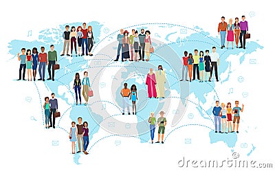 The people connected with lines standing on a world map vector illustration. Social media and social network concept. Vector Illustration