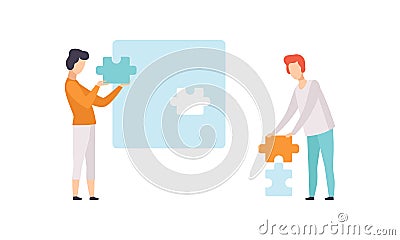 People Connecting Puzzle Pieces, Man Putting Last Puzzle in Jigsaw Flat Vector Illustration Vector Illustration