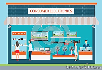 People in consumer electronics store. Cartoon Illustration