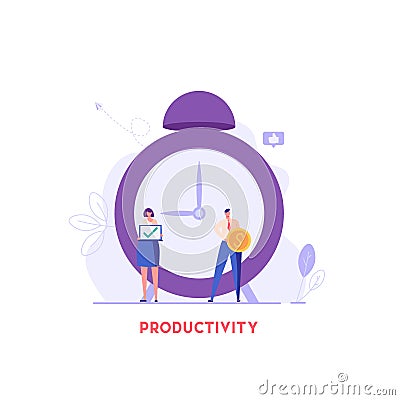 People control time. Business team manage tasks and work efficiently. Concept of time management, productivity, multitasking. Vect Cartoon Illustration