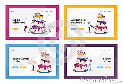 People Cook Festive Cake with Cream and Berries Landing Page Template Set. Tiny Chef Characters Decorate Huge Pie Vector Illustration