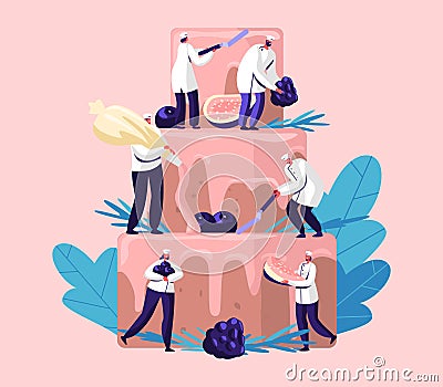 People Cook Festive Cake with Cream and Berries. Tiny Characters in Chef Uniform and Cap Decorating Huge Pie. Teamwork, Bakery Vector Illustration