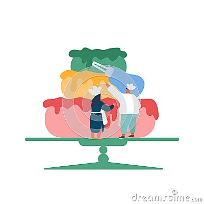 People Cook Festive Cake with Cream. Man and Woman Characters in Chef Uniform and Hats Decorating Huge Pie Vector Illustration