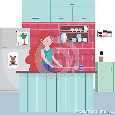 People cooking, girl with bottle and grater in counter Vector Illustration