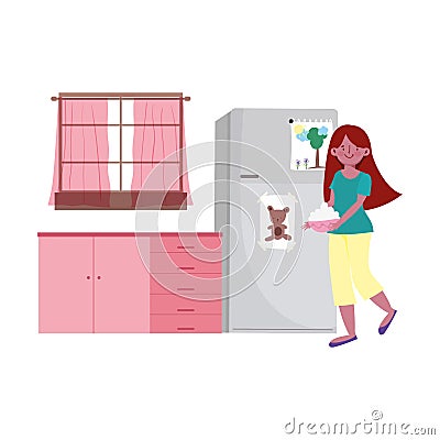 People cooking, girl with bowl filled food in the kitchen Vector Illustration