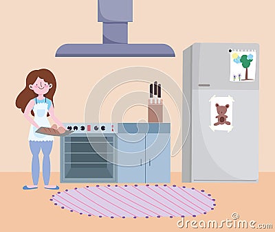 People cooking, girl with bread on tray in the kitchen Vector Illustration