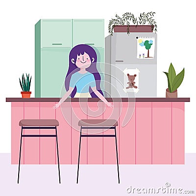 People cooking, girls with fridge counter and chairs in the kitchen Vector Illustration