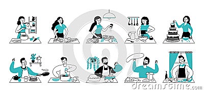 People cooking on kitchen. Woman preparing food, home cook service. Happy young chef person, man cutting and eat Vector Illustration