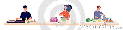 People cooking. Man woman baking and make food. People and fresh healthy ingredients vector illustration Vector Illustration