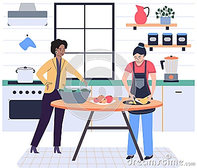 People cooking vegetarian food. Vector illustration. Chef cooks preparing food cook hands on the kitchen table Vector Illustration