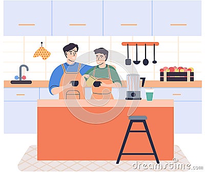 People cooking vegetarian food. Vector illustration. Father preparing dinner on big stove Vector Illustration