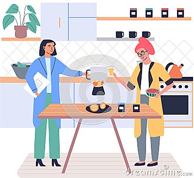 People cooking vegetarian food. Vector illustration. Woman cooking juce. Cook healthy food at home Cartoon Illustration