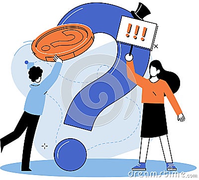 People cooperation and collaboration. Business people communication with coin and big question mark Vector Illustration