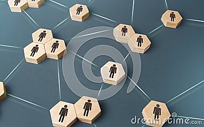 People are corporating on a single network. Delegation of work and responsibilities. Decentralized networking. Teamwork Stock Photo