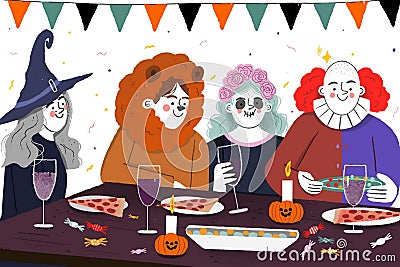 people costumes having halloween dinner vector design Vector Illustration