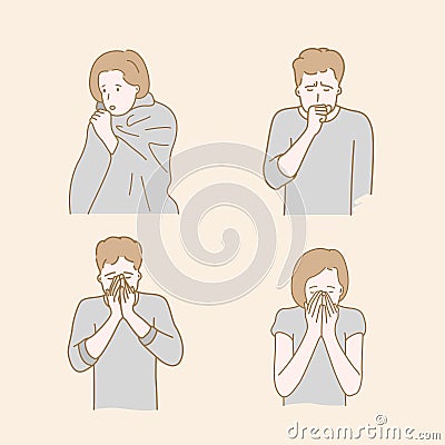 People cough because of cold autumn or winter weather. hand drawn style Vector Illustration