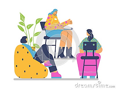 People counseling with psychotherapist at group session, flat vector illustration isolated on white background. Vector Illustration