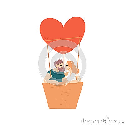 People, couple flying, heart-shaped hot air balloon. Man and woman cuddling, kiss, hug. Romantic date, relationship Vector Illustration