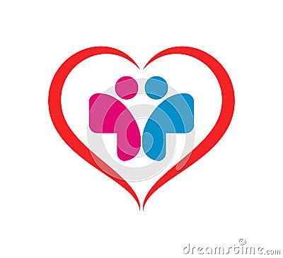 People couple in red heart logo vector online love logo design symbol. Stock Photo