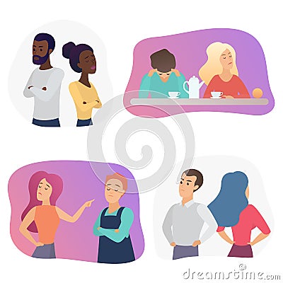 People couples during conflict quarrel or disagreement. Set of offended men and women quarreling, bickering each other Vector Illustration