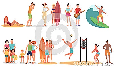 People and couples on vacation beach collection. Summer holidays set. Vector Illustration